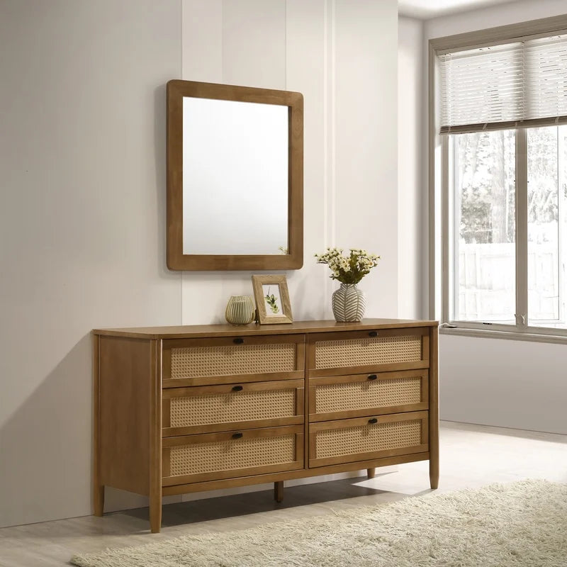 Queen Bedroom Set: Rubberwood Bed, Dresser, Mirror, Nightstands, Chest – Textured Upholstered Design