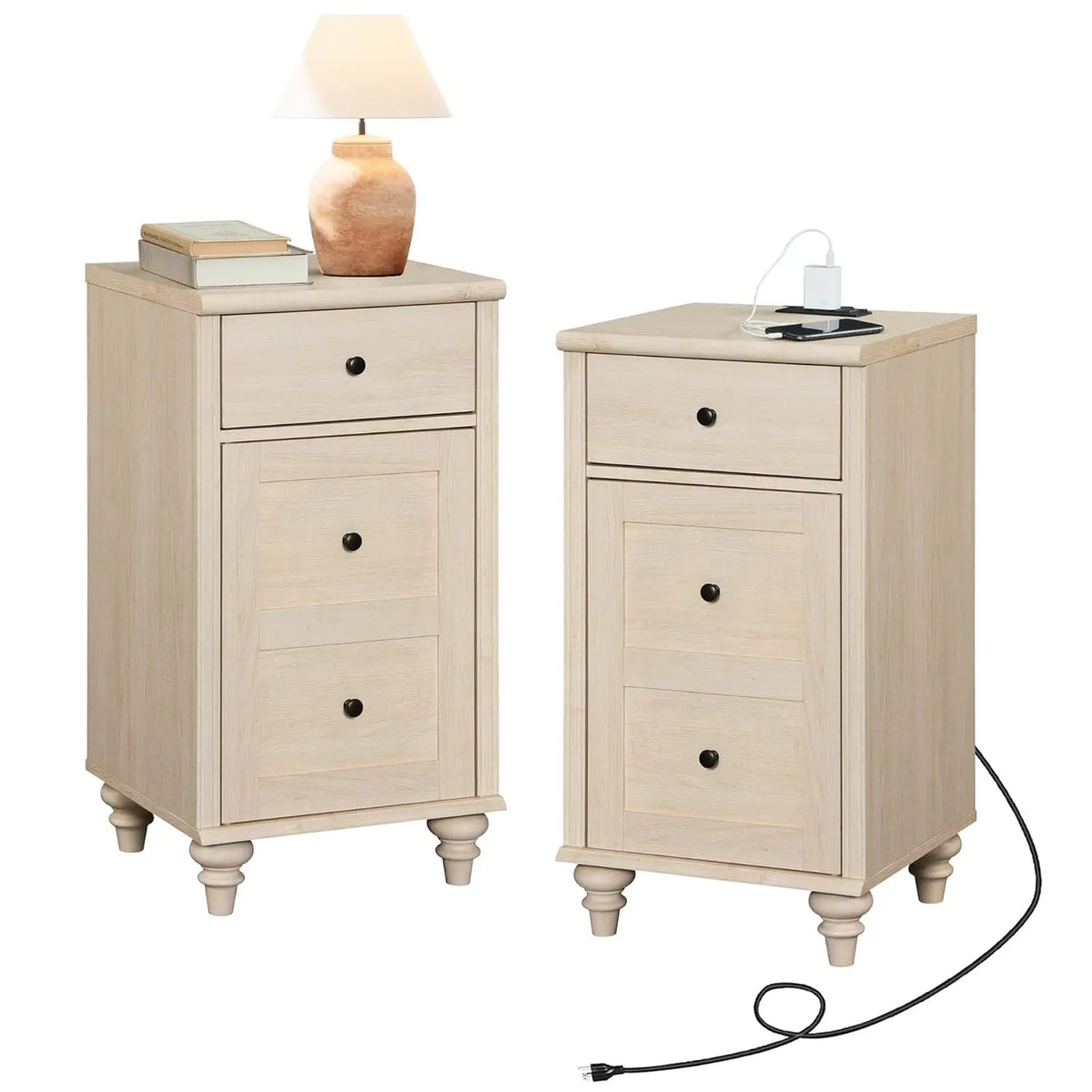 Nightstands With Charging Station, Set Of 2 Modern End Table, Oak | Bedside Table With Power Outlets & USB Ports, Customized