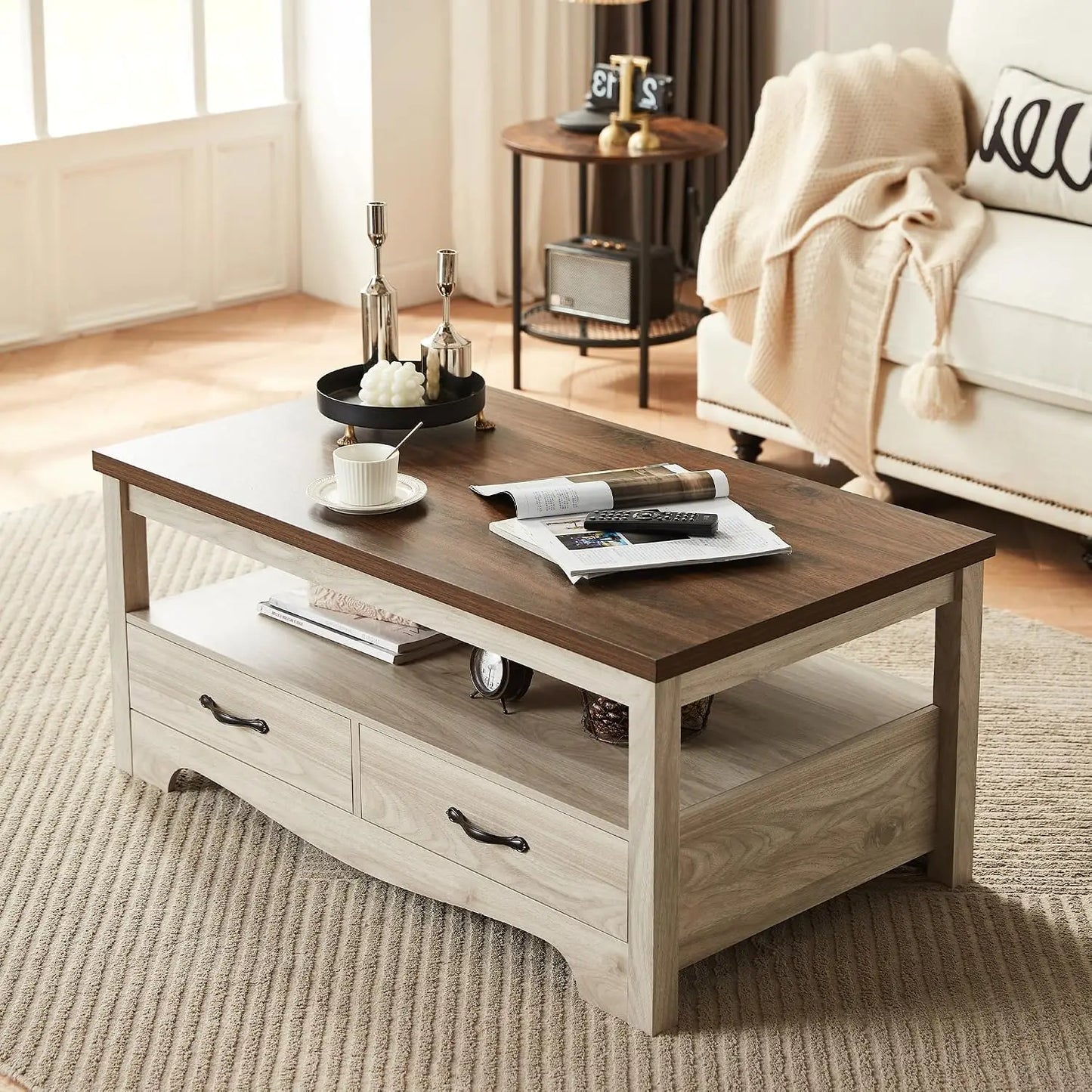 Farmhouse Coffee Table With Storage, Wood Coffee Table For Living Room, Open Display Area And Storage Drawers With Metal