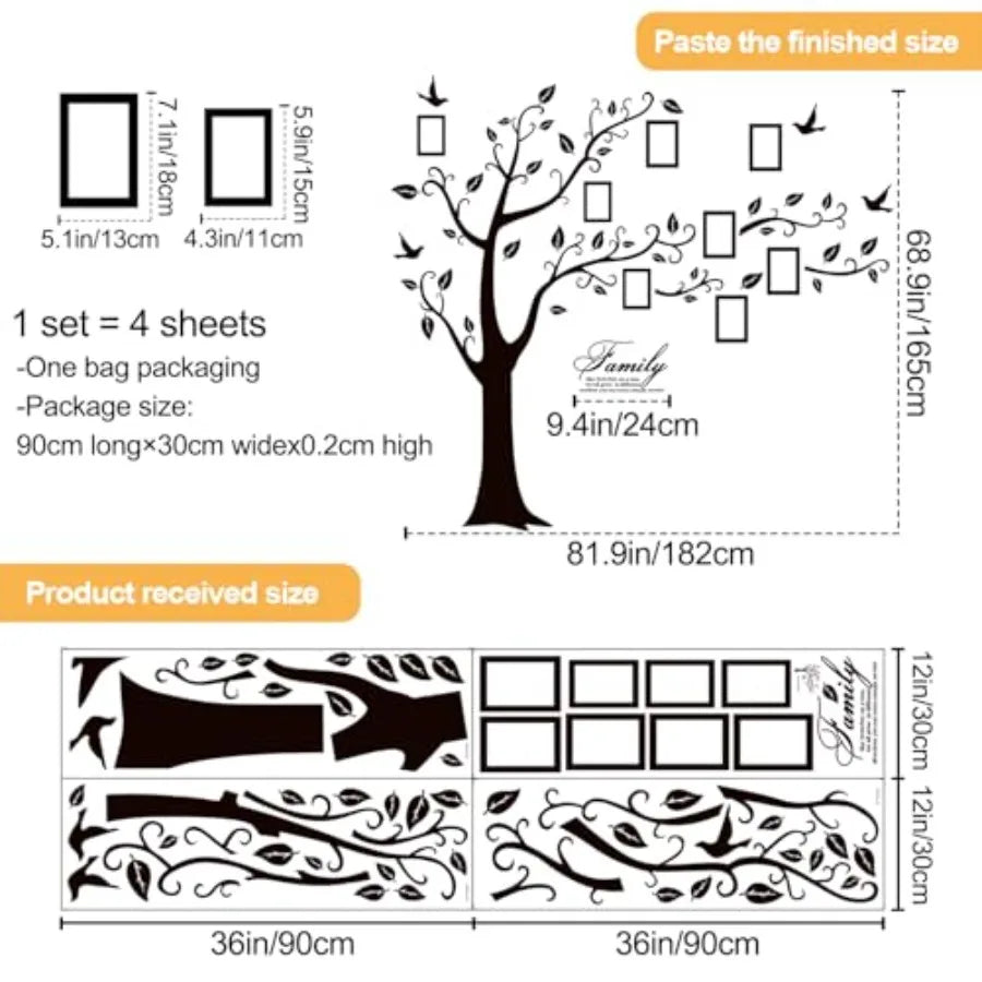 Large Family Photo Tree Wall Sticker 3D Peel and Stick Vinyl Photo Frame Tree Wall Decals Removable Quotes Leaf and Birds Wall
