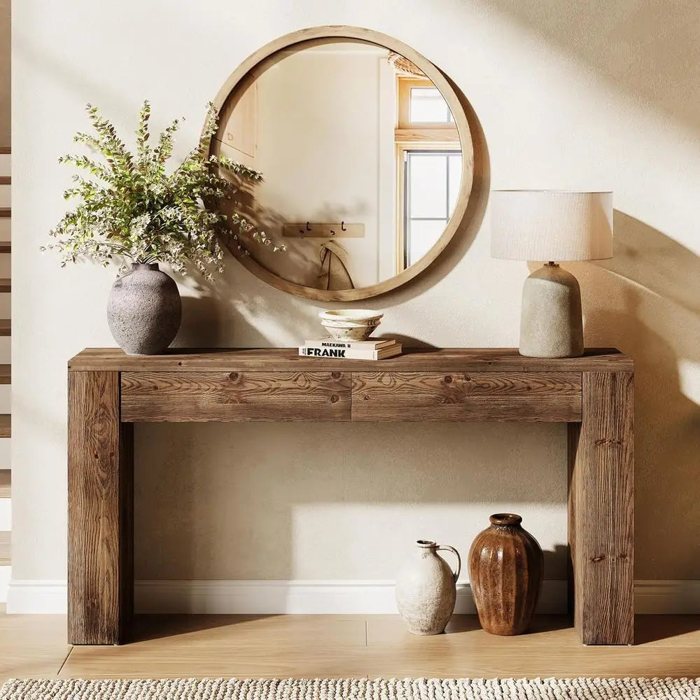 Sofa Table With 2 Drawers, Solid Wood Console For Entryway