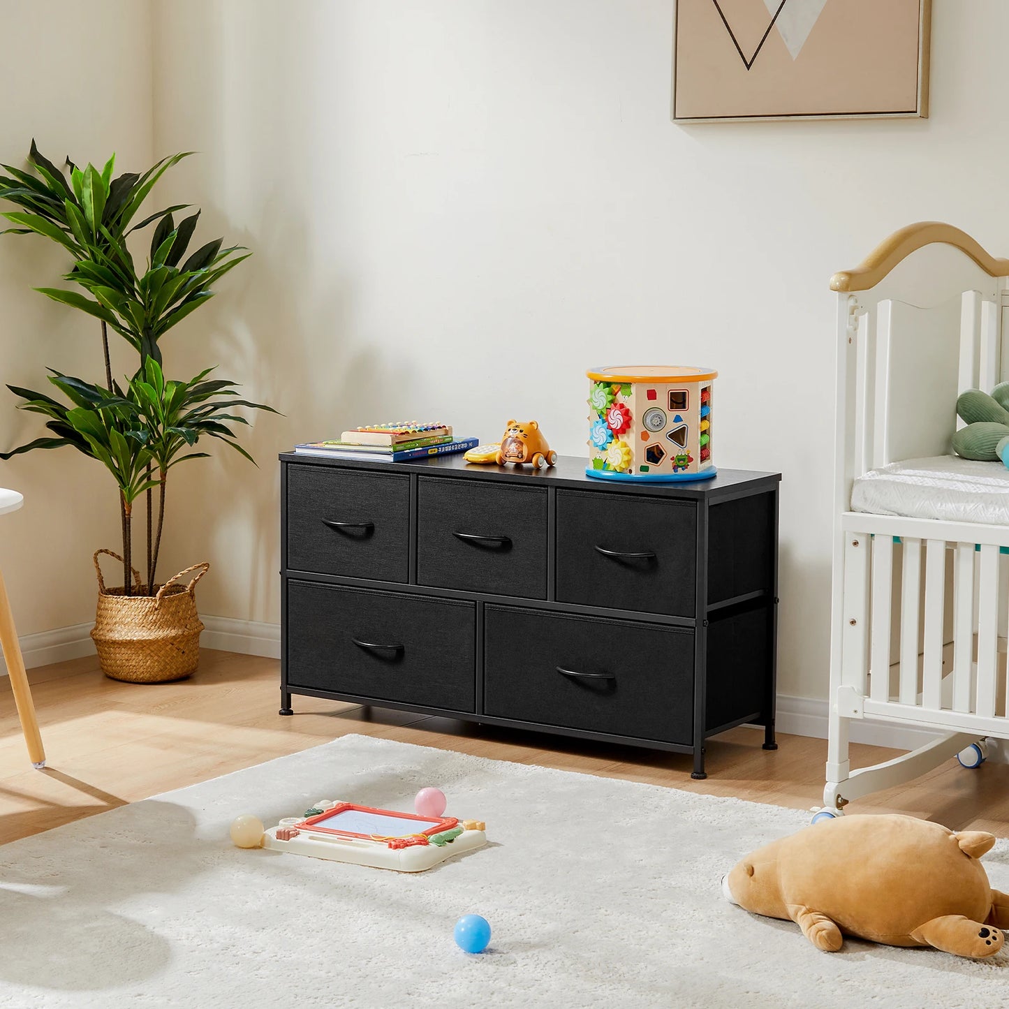 MCQ 5 Drawer Dresser for Bedroom Closet Chest Organizer Furniture TV Stand for Living Room Hallway Wide Fabric Storage Tower with Wooden Top and Metal Frame