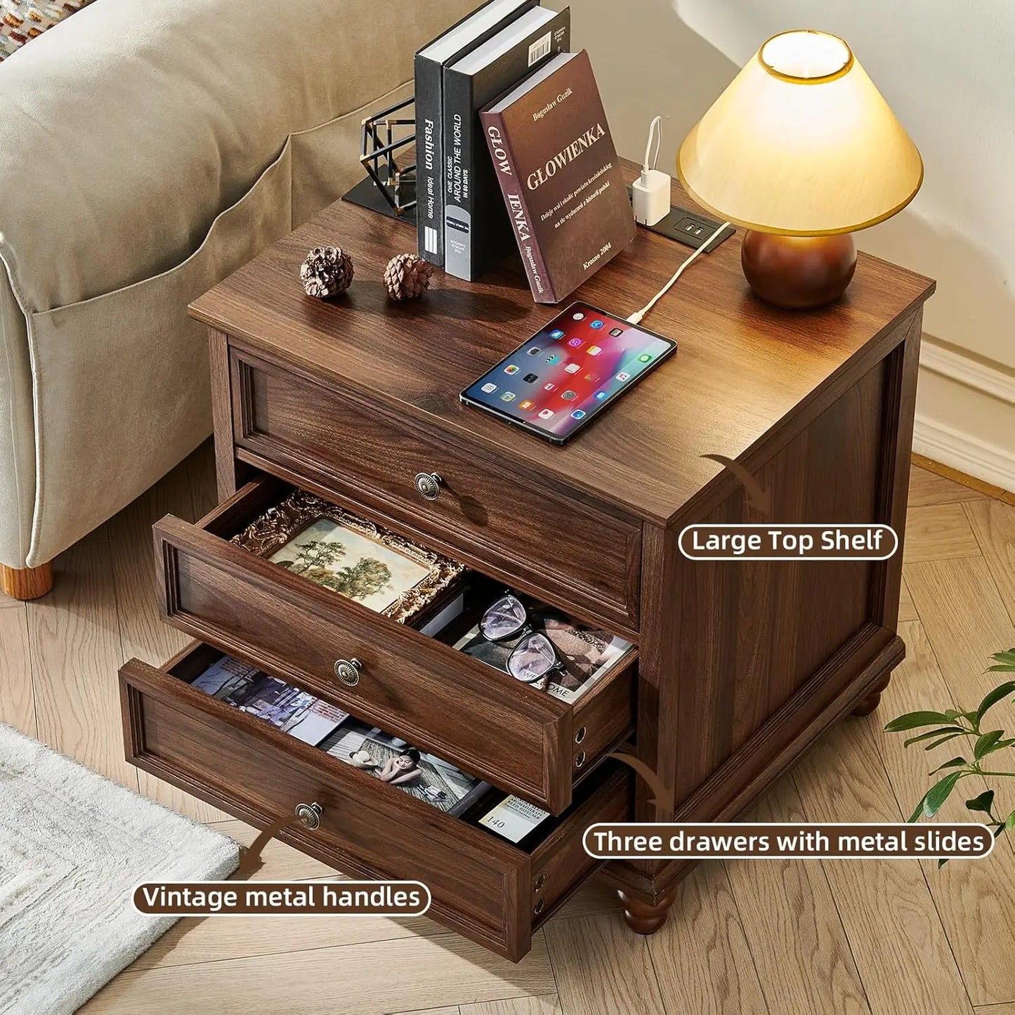 Farmhouse Nightstand With Charging Station Three Drawers Bedside Wood