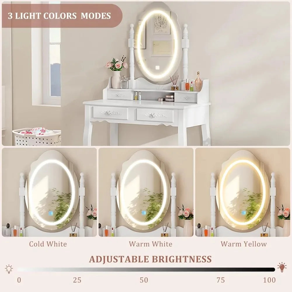 LED Mirror Vanity Desk with 4 Drawers & Stool, Adjustable Lighting Makeup Table for Bedroom, White