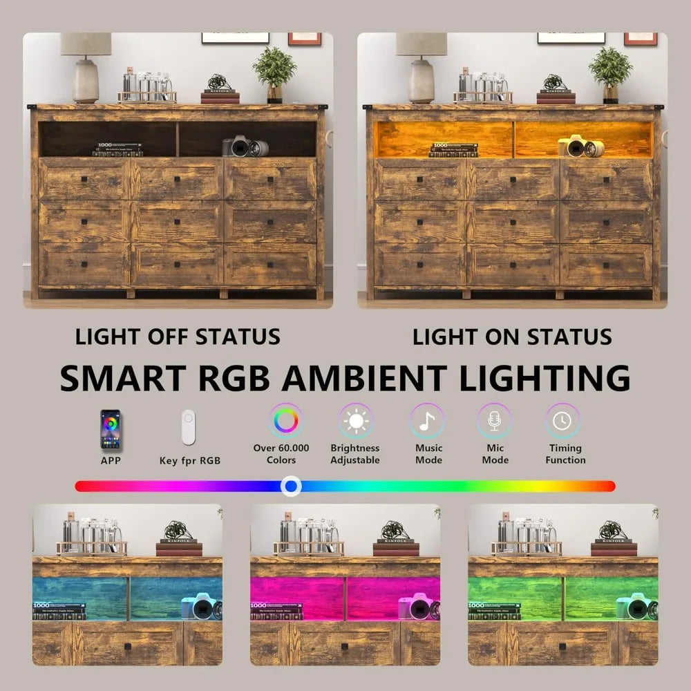 9 Drawer Dresser With LED Lighting And Power Outlet