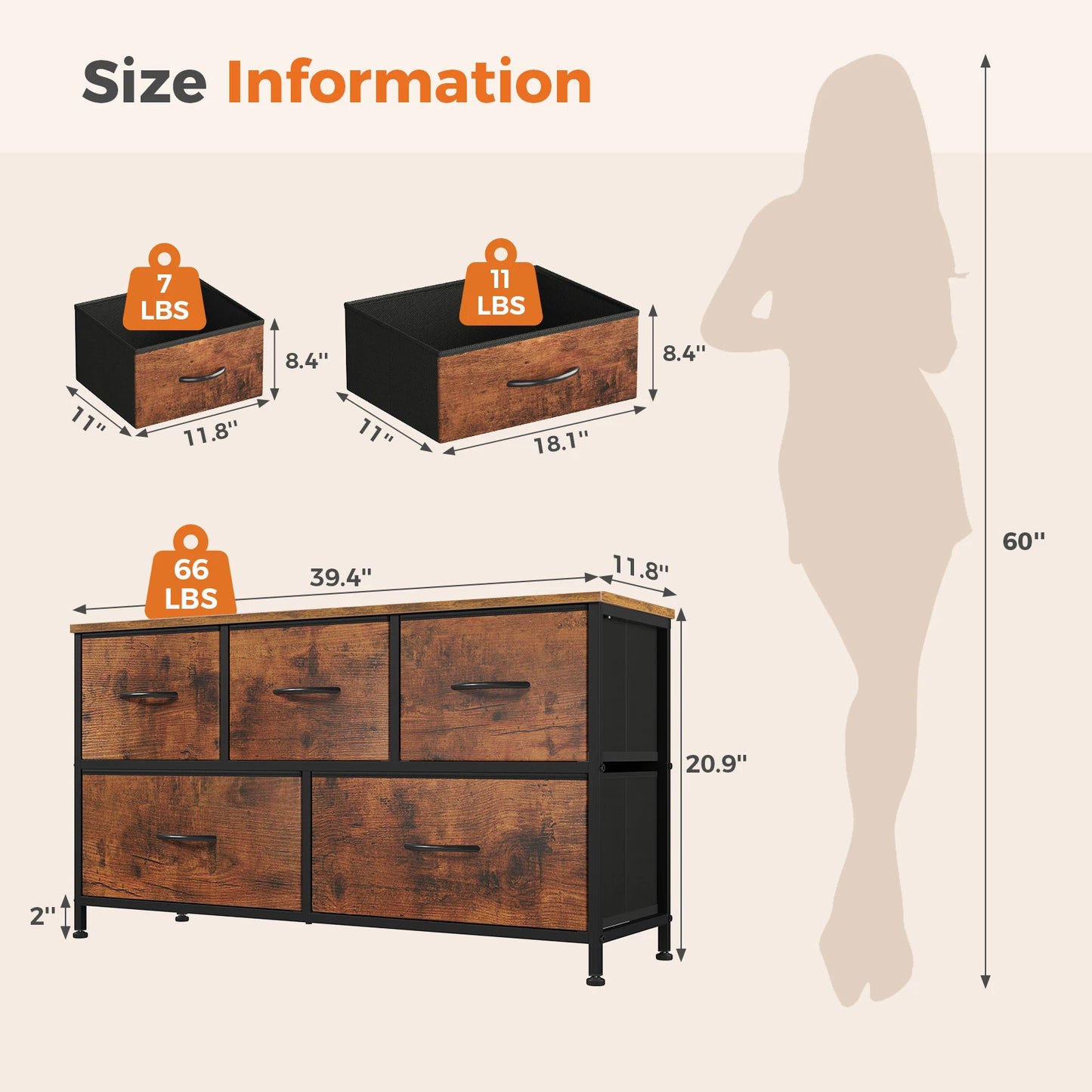 MCQ 5 Drawer Dresser for Bedroom Closet Chest Organizer Furniture TV Stand for Living Room Hallway Wide Fabric Storage Tower with Wooden Top and Metal Frame