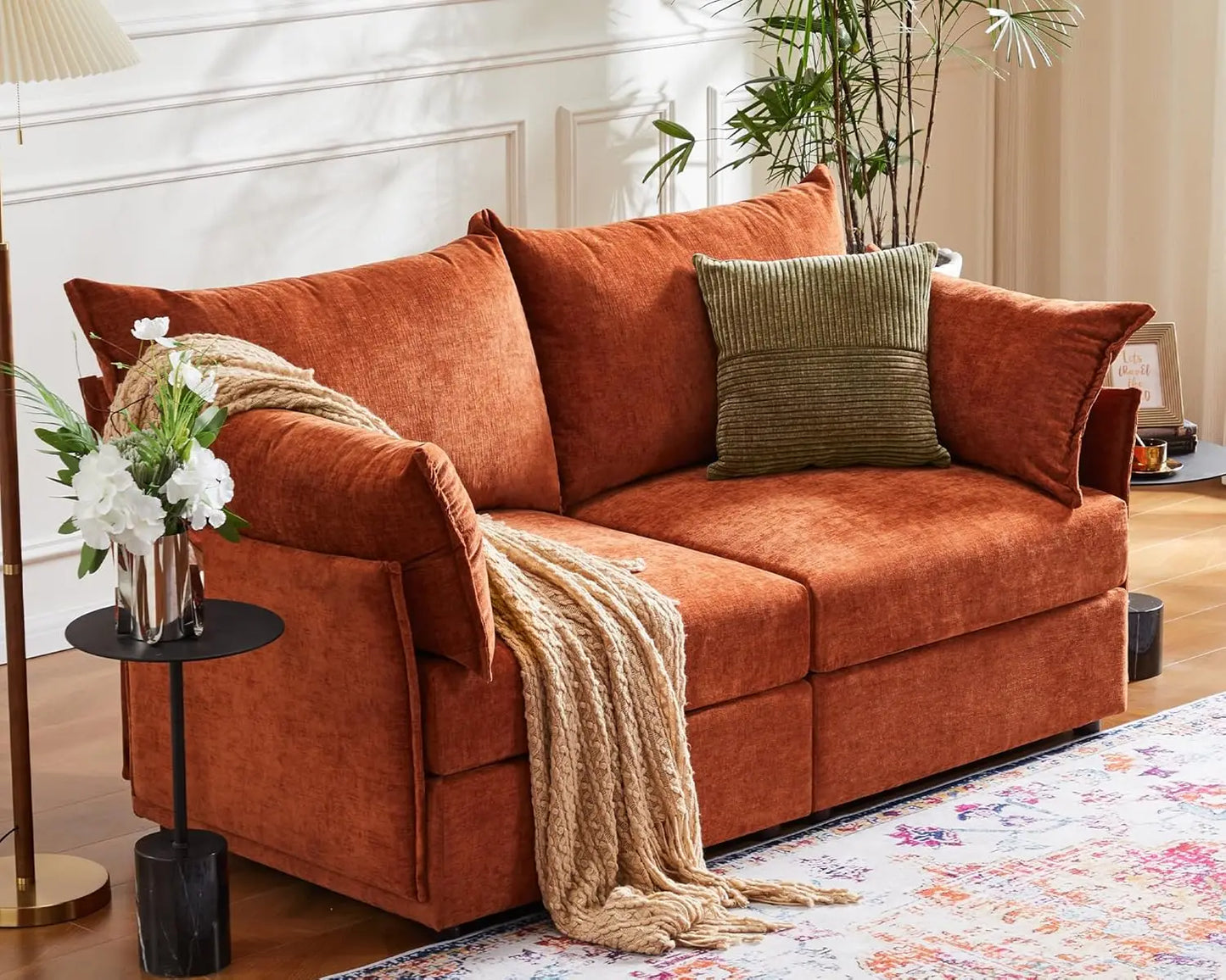 Oversized Loveseat Sofa, Modern Modular Sectional Couch Terracotta Orange Fluffy Chenille Mid Century 2-Seat 24.5" Deep Seat for
