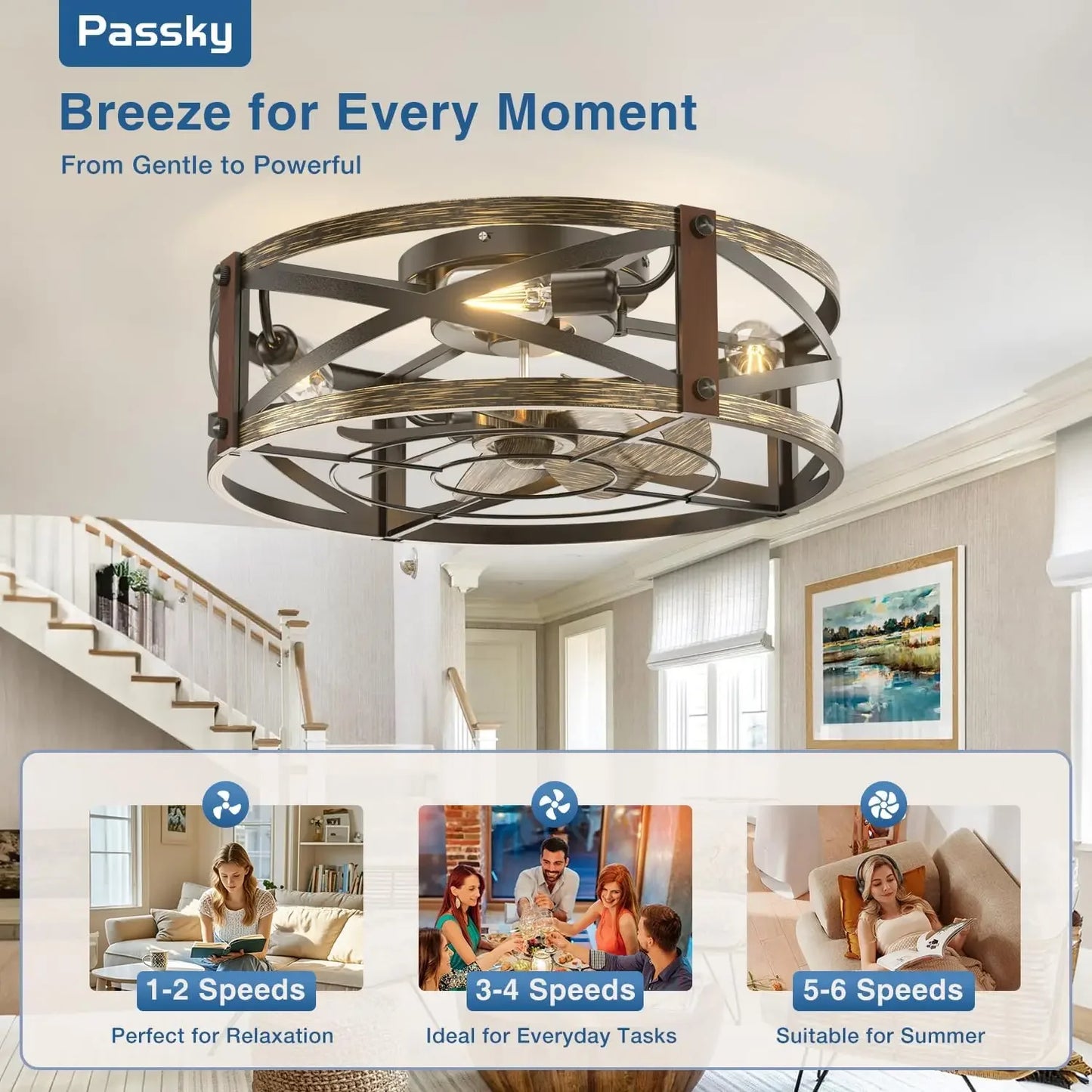 Farmhouse Flush Mount Ceiling Fan With Lights And Remote