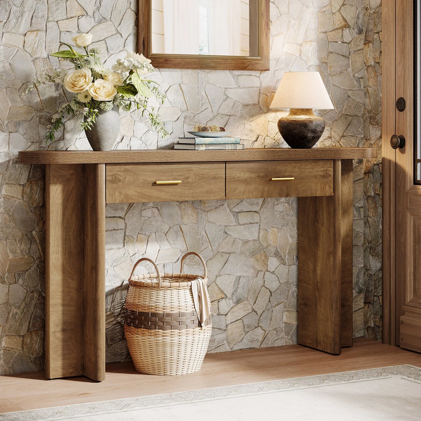 Tribesigns 63-Inch Console Table with 2 Drawers, Farmhouse Oval Curved Entryway Table with Storage for Living Room, Hallway, Entrance, Brown