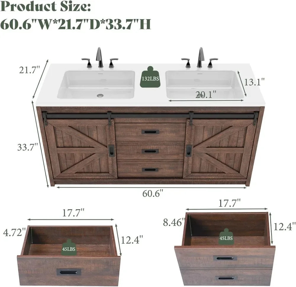 60" Freestanding Bathroom Vanity with Sliding Barn Door, Double Sink Combo, Drawers & Metal Handles, Reclaimed Barnwood Design