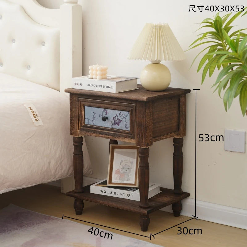 Solid Wood Vintage French Nightstand With Distressed Bedside Drawer