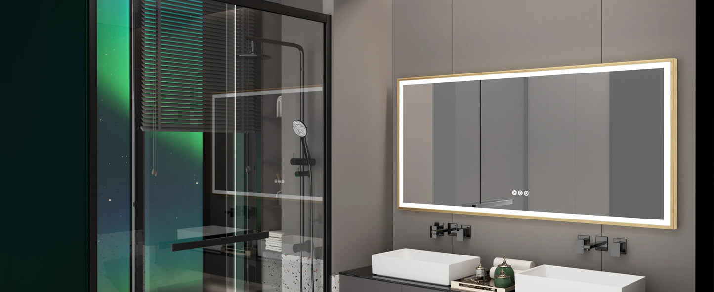 LED Bathroom Vanity Mirror Gold Frame Front Lighted Aluminum Rectangle Beveled Edge Tricolors Stepless Dimmable