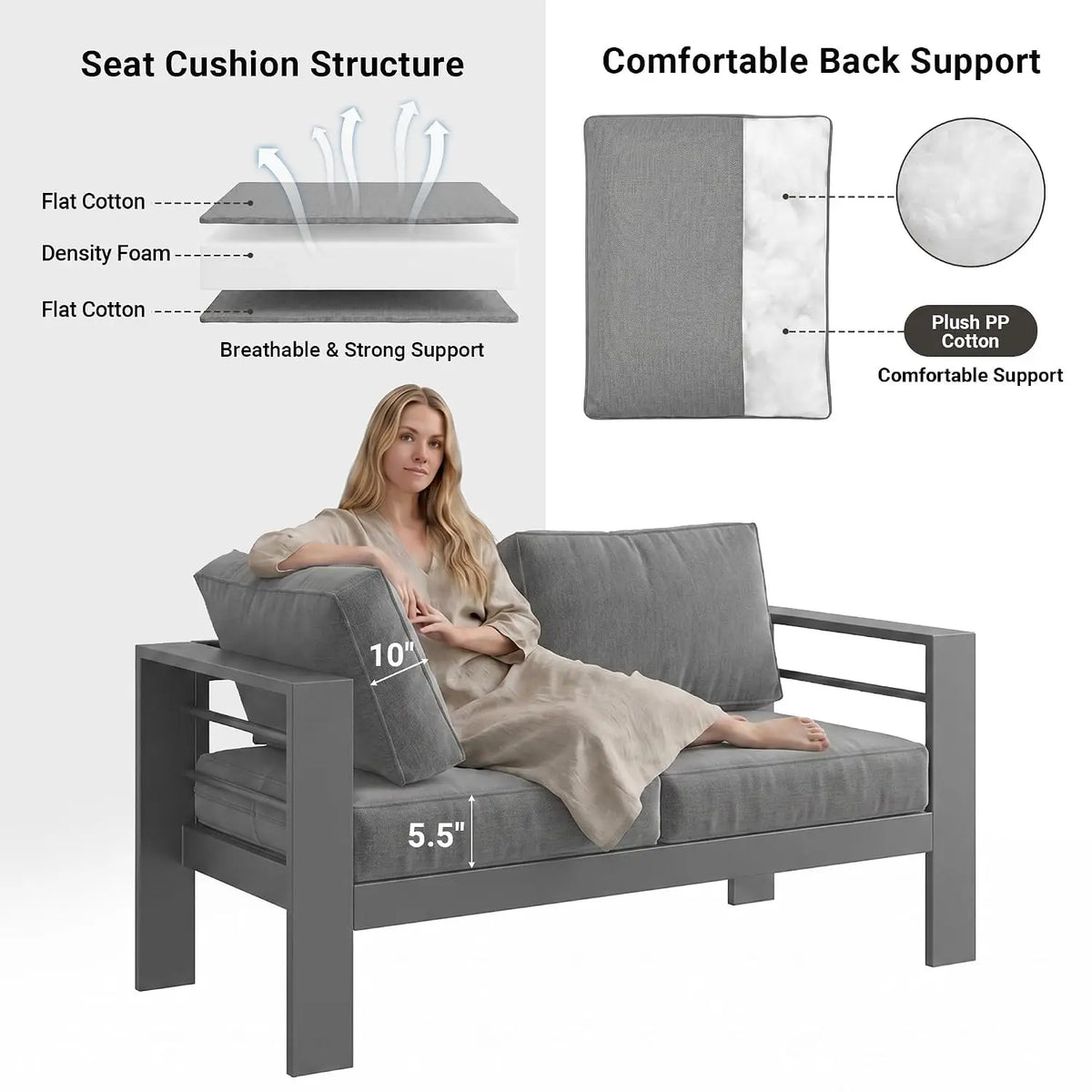 Outdoor Aluminum Patio Loveseat Sofa with Metal Frame and Cushions