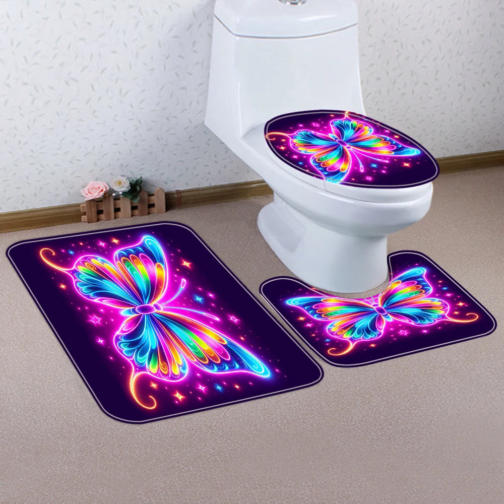 Colorful Butterfly Shower Curtain With Carpet And Toilet Lid