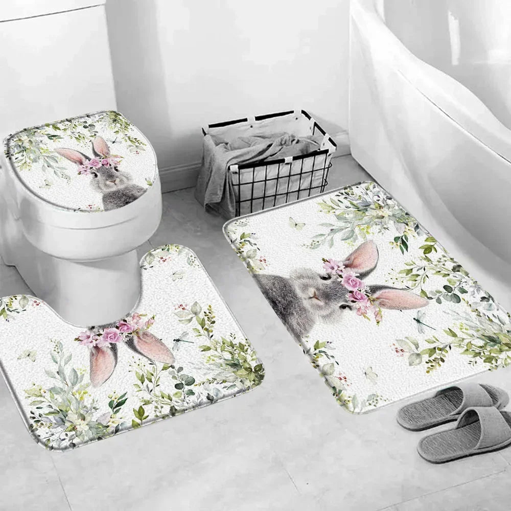 Happy Easter Bath Rug Set With Bunny Truck Eggs Decor