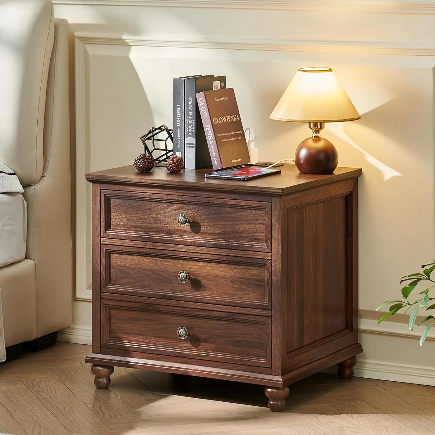 Farmhouse Nightstand With Charging Station Three Drawers Bedside Wood