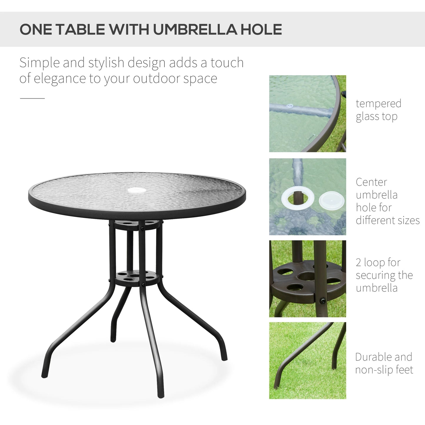 6 Piece Patio Dining Set with Umbrella, 4 Folding Chairs & Glass Table, Black and Coffee