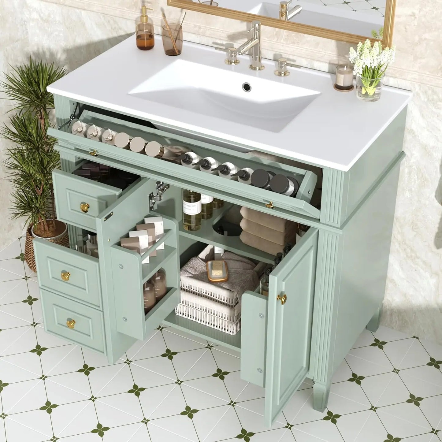Free Standing Bathroom Vanity With Ceramic Sink And Wood Cabinet