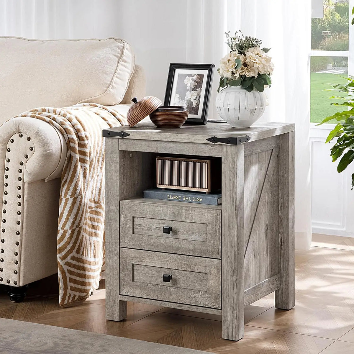 Set Of 2 Farmhouse Nightstands With Charging Station
