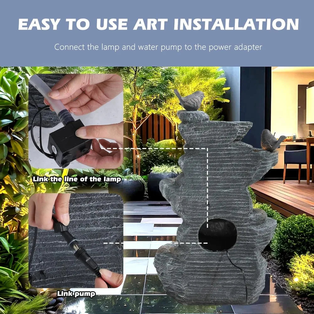Outdoor 5-Tier Cascading Rock Water Fountain With LED Lights