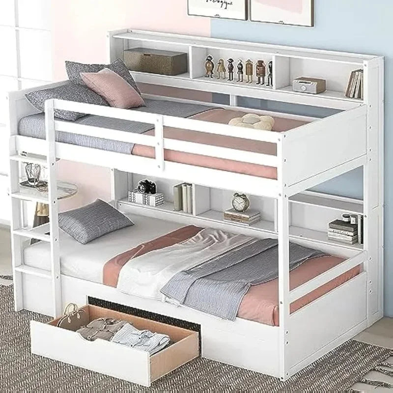 Twin over Twin Bunk Bed with Storage Drawer, Solid Wood Construction, Built-in Shelves on Each Side
