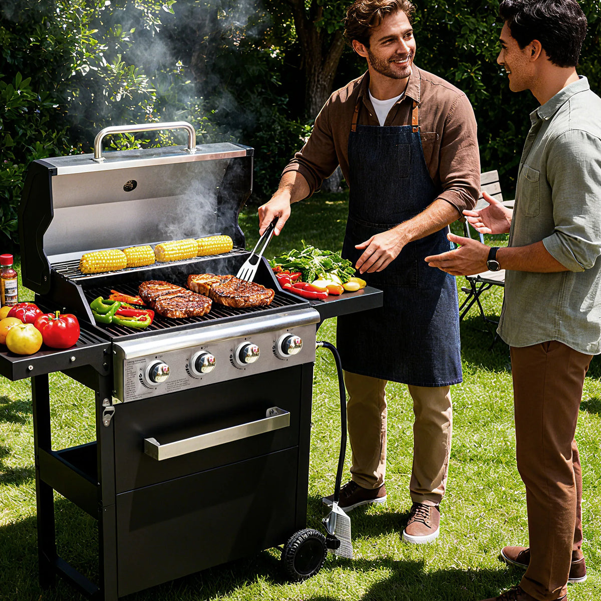 Outdoor Propane Gas Grill With Four Burners And Protective Cover