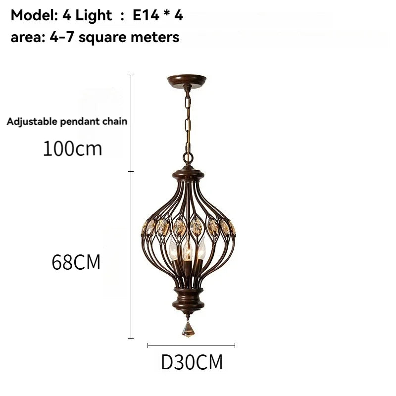 French Retro Candle Pendant Lights with Amber Crystal Vintage Brown Iron E14 Ceiling Chandelier for Living Room Kitchen Table