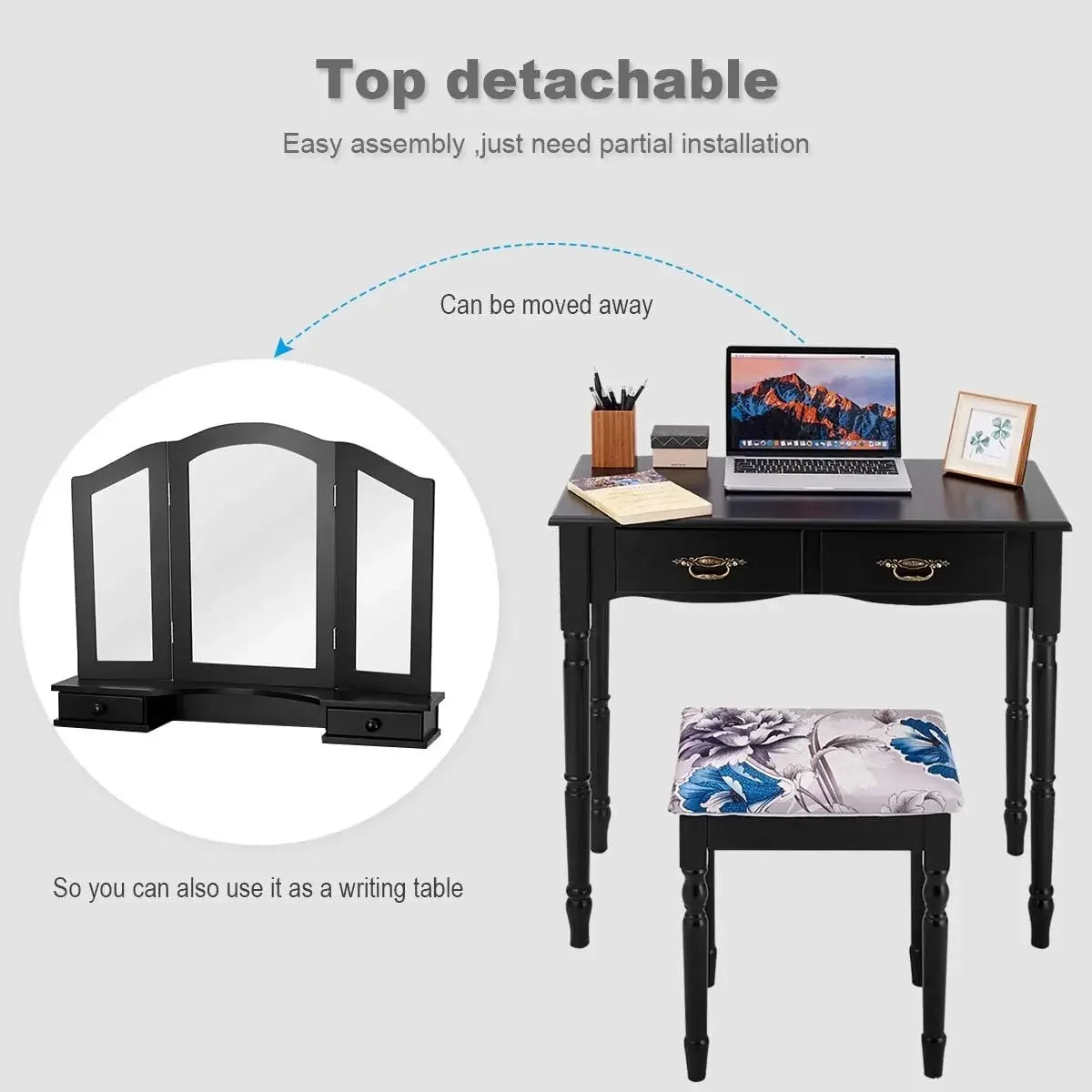Vanity Table Set With Tri Folding Mirror And Four Drawers