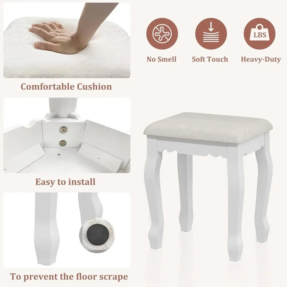 LED Mirror Vanity Desk with 4 Drawers & Stool, Adjustable Lighting Makeup Table for Bedroom, White