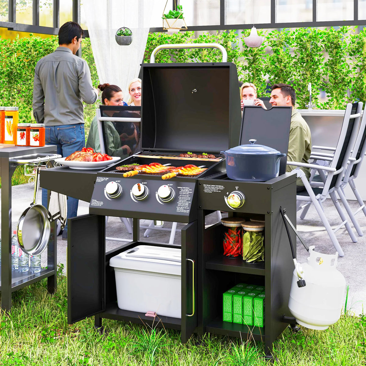 Outsunny Three Burner Gas Grill With Side Burner And Shelves
