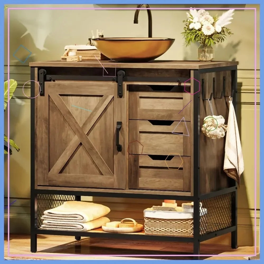 47'' Farmhouse Bathroom Vanity with Double Vessel Sink, LED Light, Sliding Barn Door, 3 Drawers & Adjustable Shelf