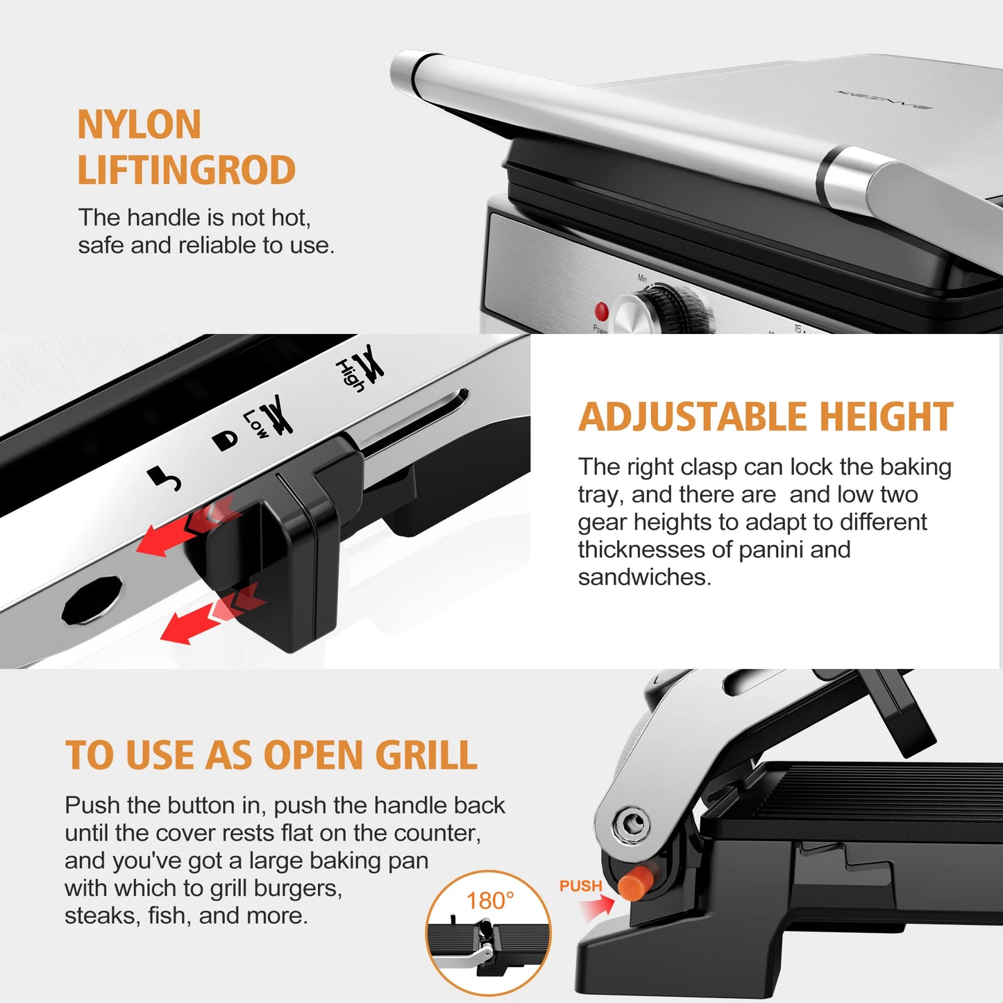 CACHOO 1600W Panini Press With Timer 180 Degree Opening