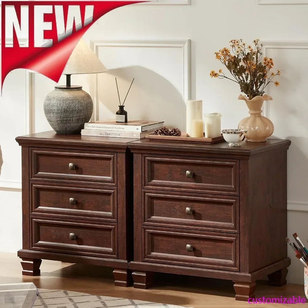 Best-Farmhouse Nightstand Set Of 2, Rustic Couch End Table With 3 Drawers & 4 Square Solid Wood Legs
