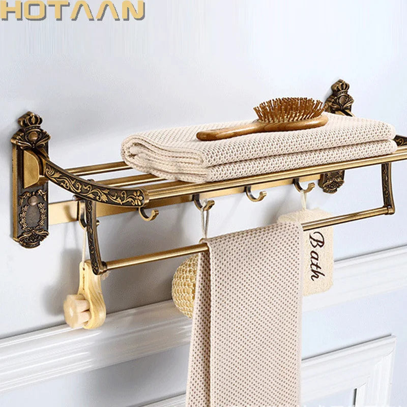HOTAAN Aluminum Foldable Bath Towel Rack With Hooks and Shelf