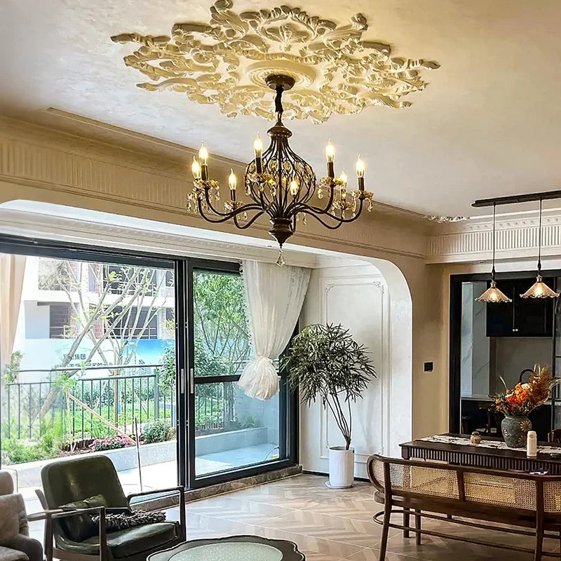 French Retro Candle Pendant Lights with Amber Crystal Vintage Brown Iron E14 Ceiling Chandelier for Living Room Kitchen Table