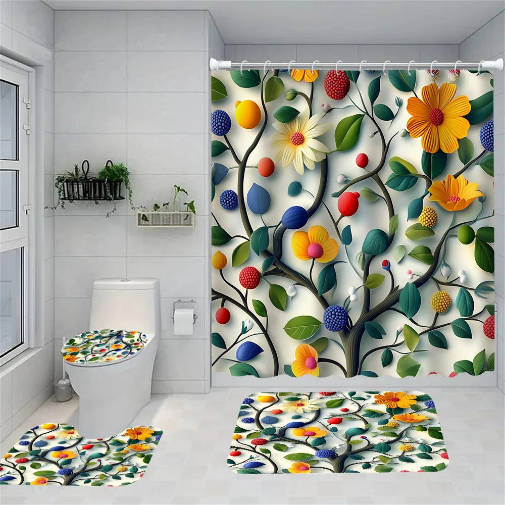 Flower Bird Shower Curtain Set With Carpet And Toilet Seat