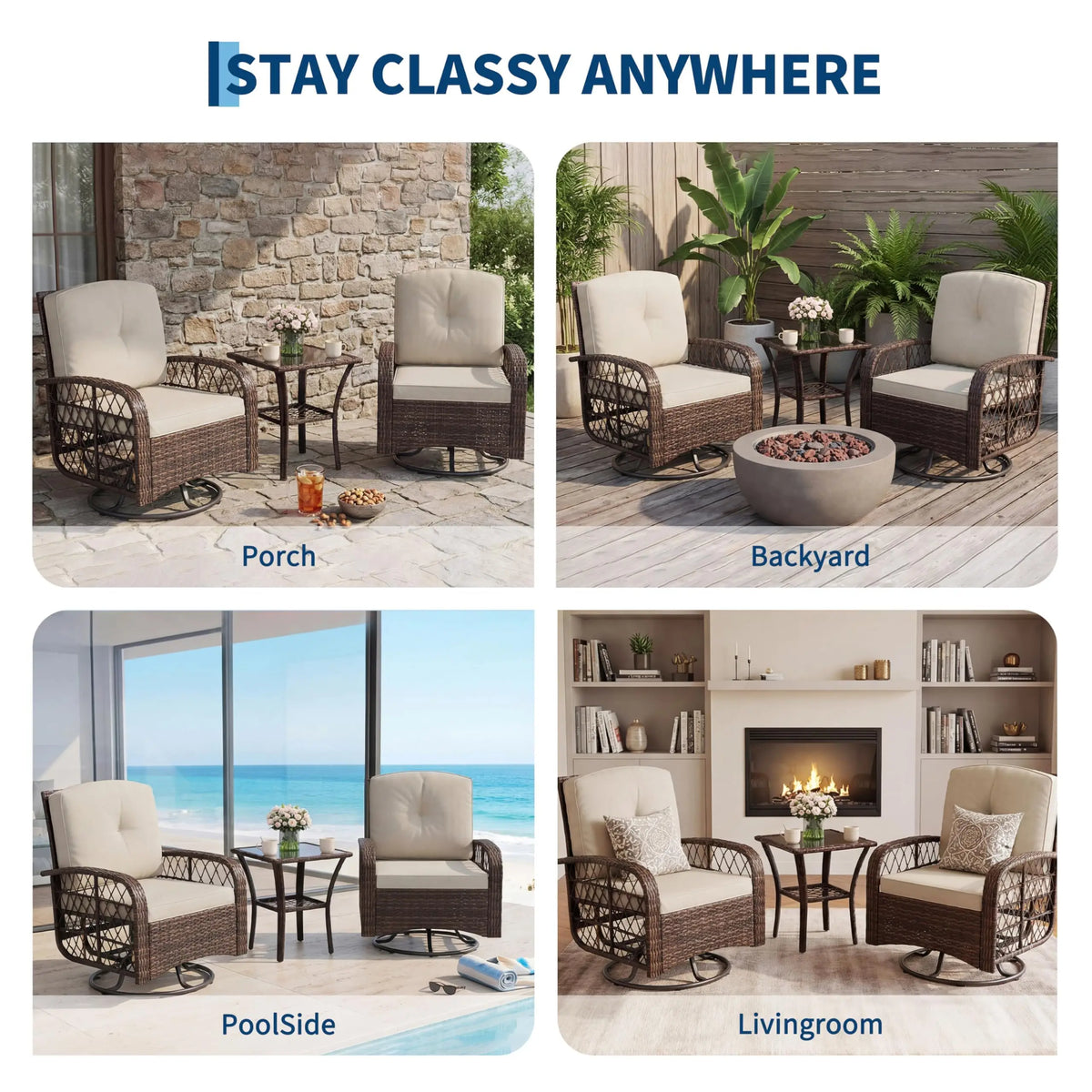 HiMISS Outdoor Wicker Swivel Rocker Conversation Set With Glass Table