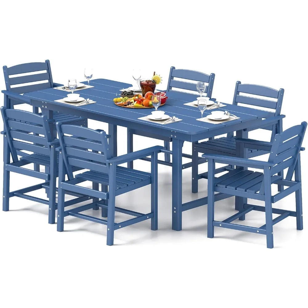 7-Piece Outdoor Patio Dining Set HDPE All-Weather Table and 6 Chairs with Umbrella Hole for Garden Backyard Poolside