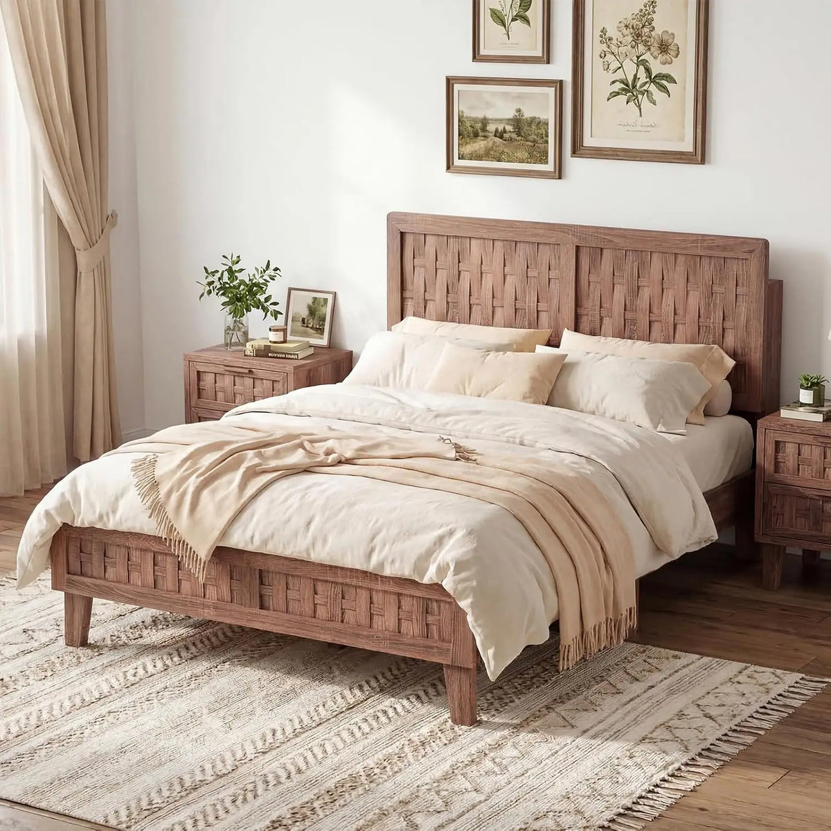Wood Full Size Bed Frame Upholstered Headboard Platform Slat Support Storage No Box Spring Oak, Customized