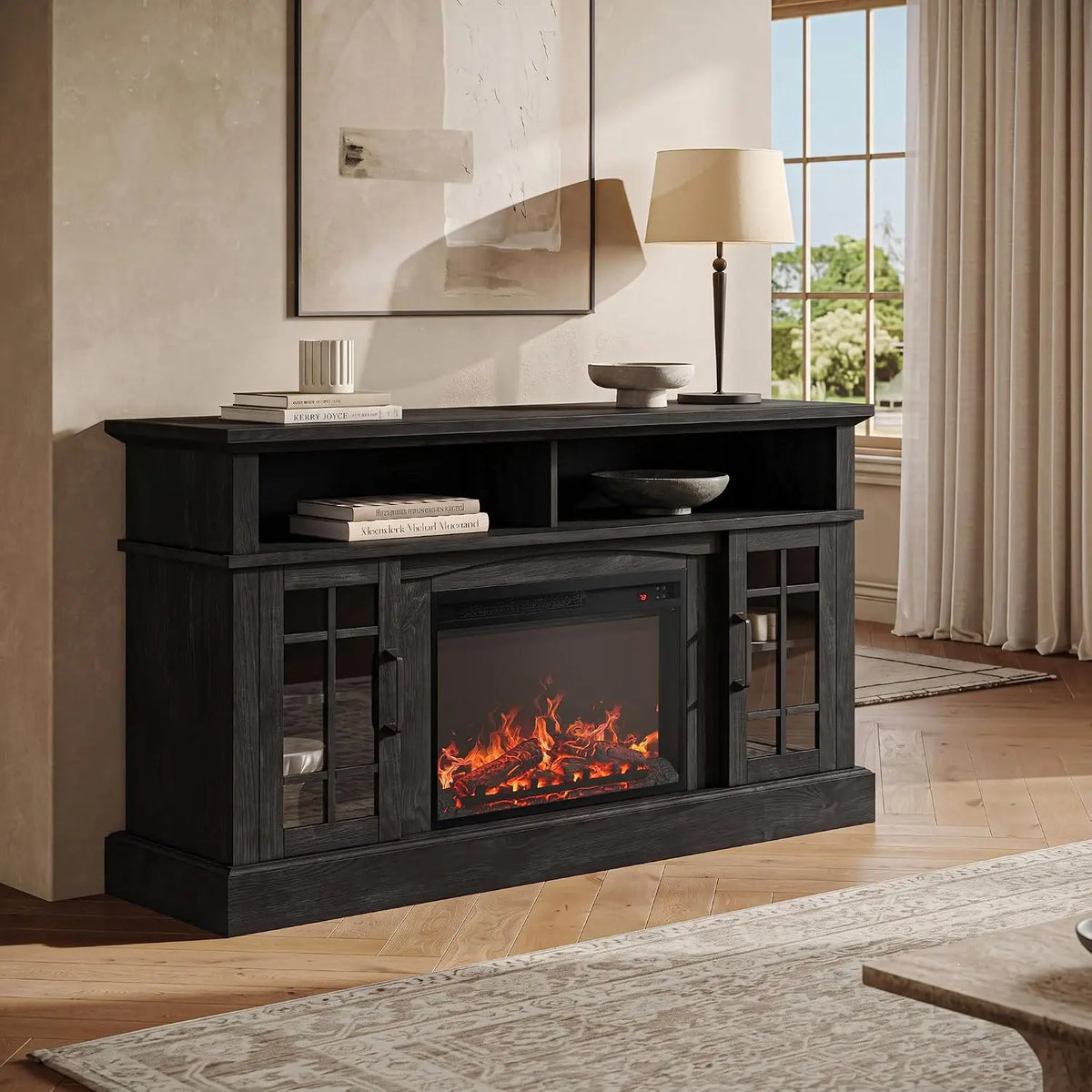 Rustic Entertainment Console With Electric Fireplace Sound And Storage