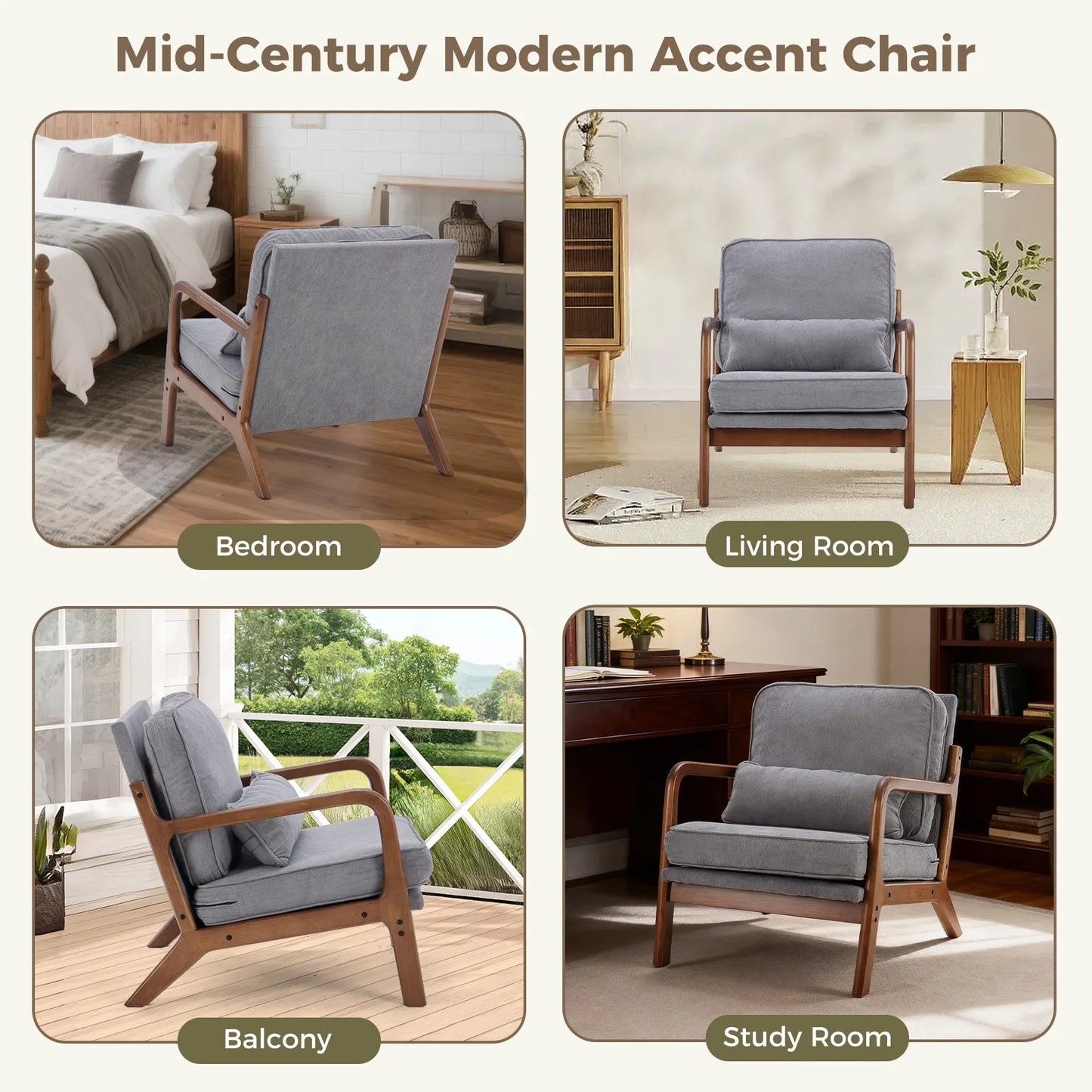 JHK Mid Century Modern Wooden Frame Accent Chair Waist Cushion
