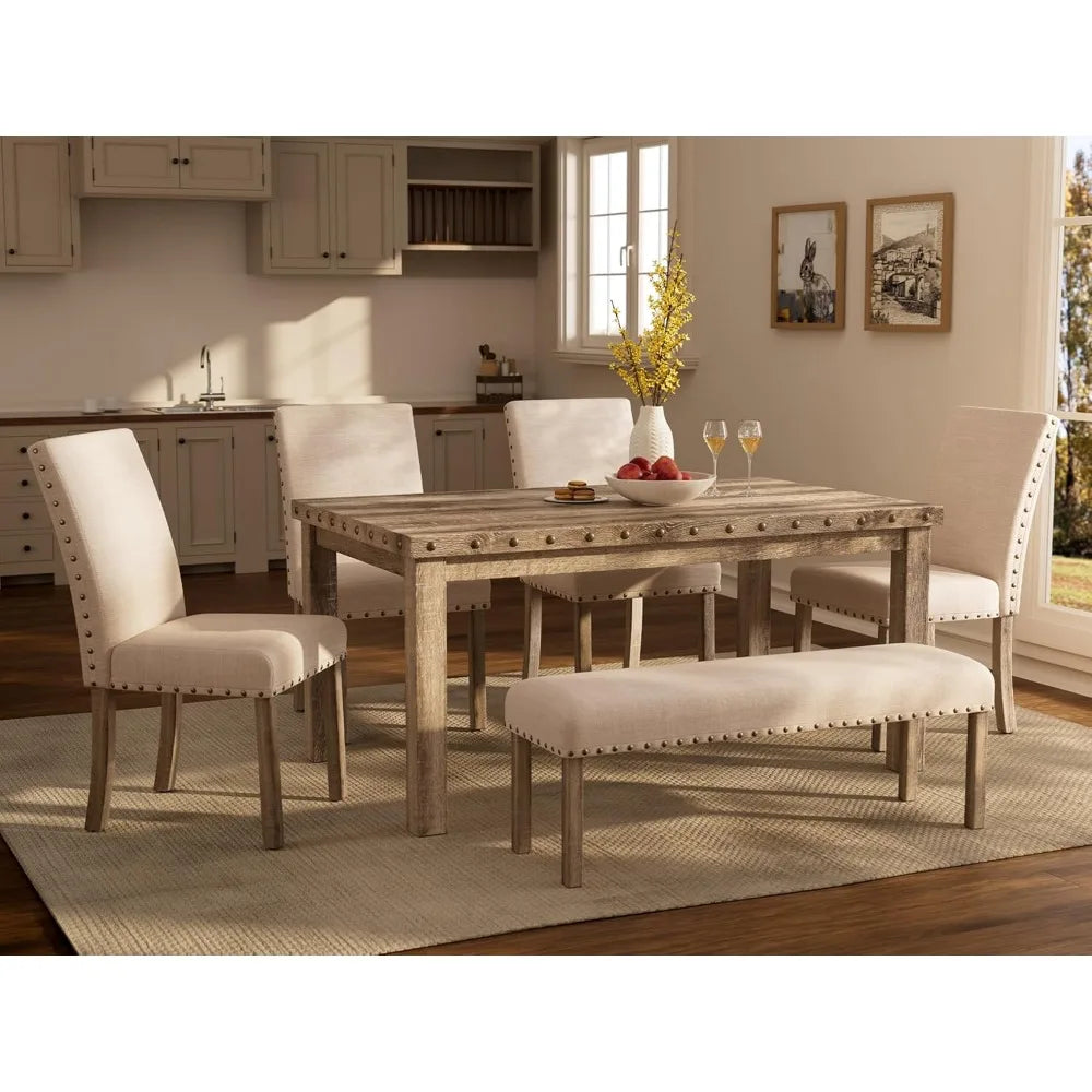 Modern Dining Set for Six with Wooden Table Upholstered Bench Four Chairs Nailhead Trim Rectangular Kitchen Room