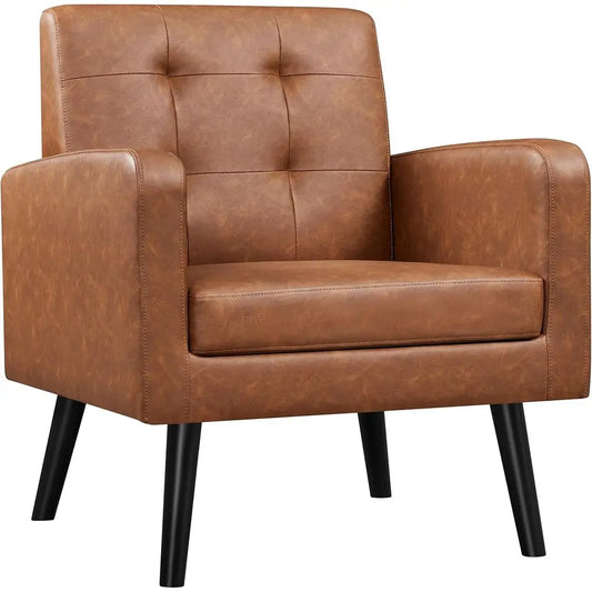 -Century Accent Chairs, PU Leather ern Upholstered Living Room Chair, Cozy Armchair Button Tuted Back and Wood Legs or Bedroom/O