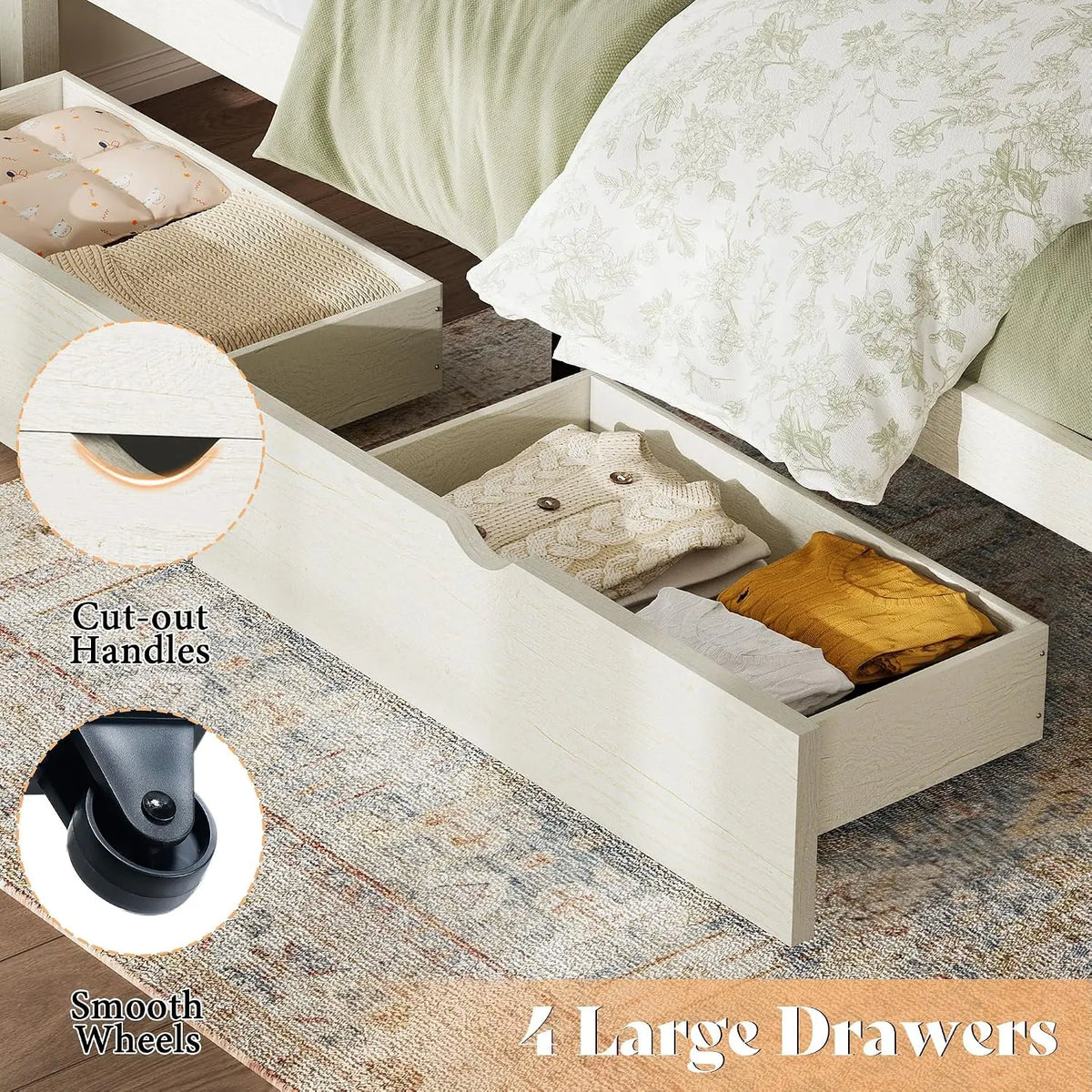 Twin Bed Frame With Headboard And 4 Storage Drawers Wood Slats