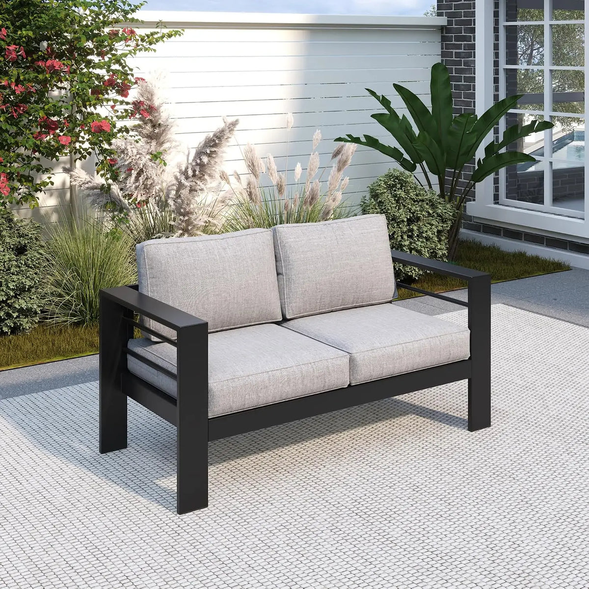 Outdoor Aluminum Patio Loveseat Sofa with Metal Frame and Cushions