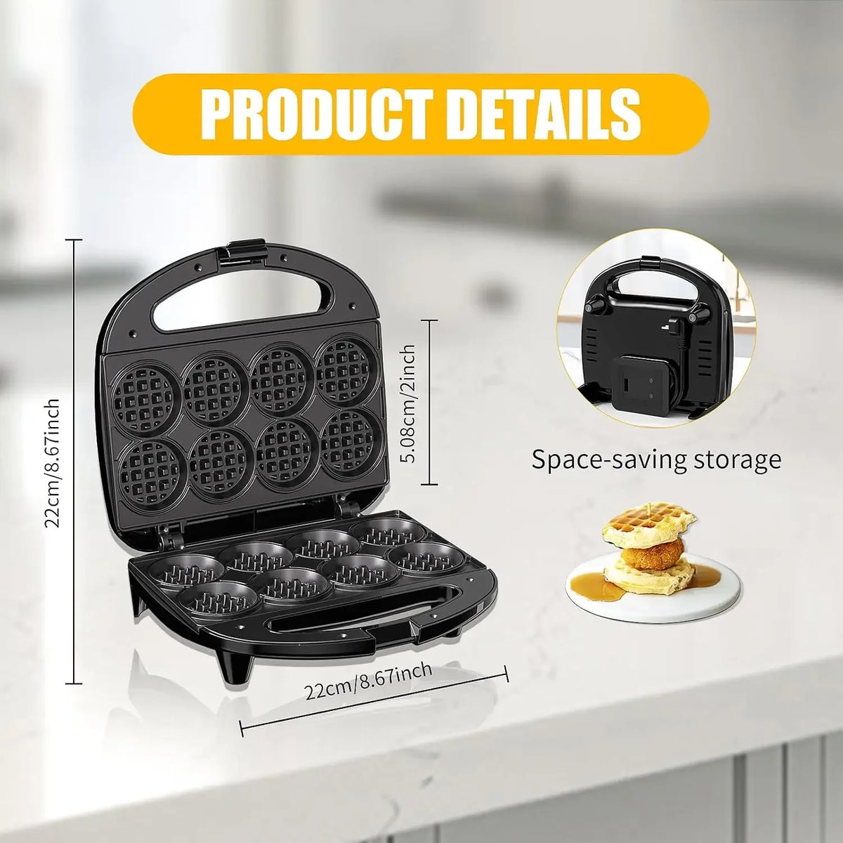 Home portable mini waffle maker, capable of making 8 mini waffles, small waffle baking tray