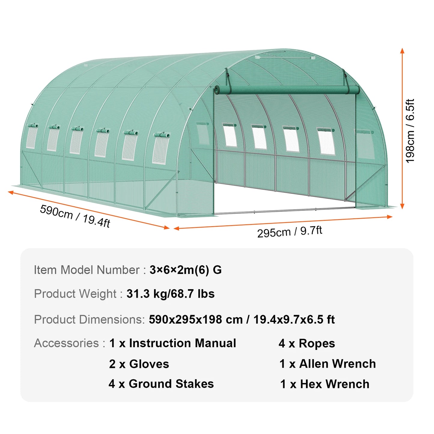 SucceBuy Walk-in Tunnel Greenhouse Hoop House Greenhouse Tunnel Plant Hot House with Steel Frame PE Cover Roll-up Zipper Door