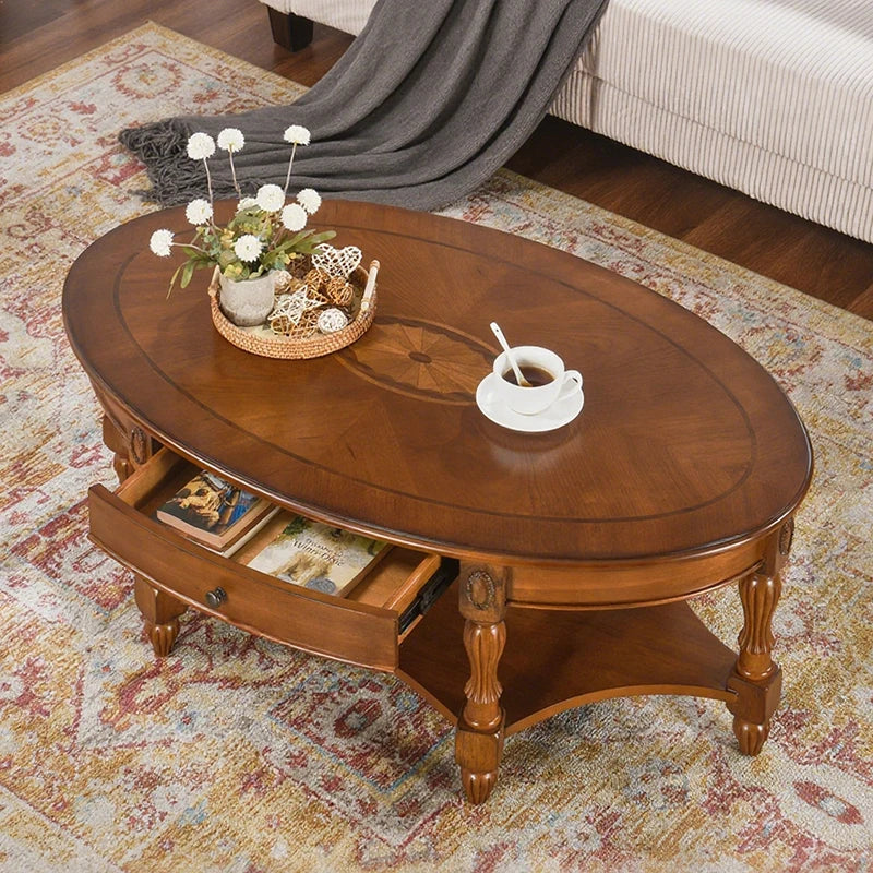 American Classic Coffee Tables With Drawers Storage Retro Oval Coffee Tables Luxury Elegant Mesas De Café Furniture Home