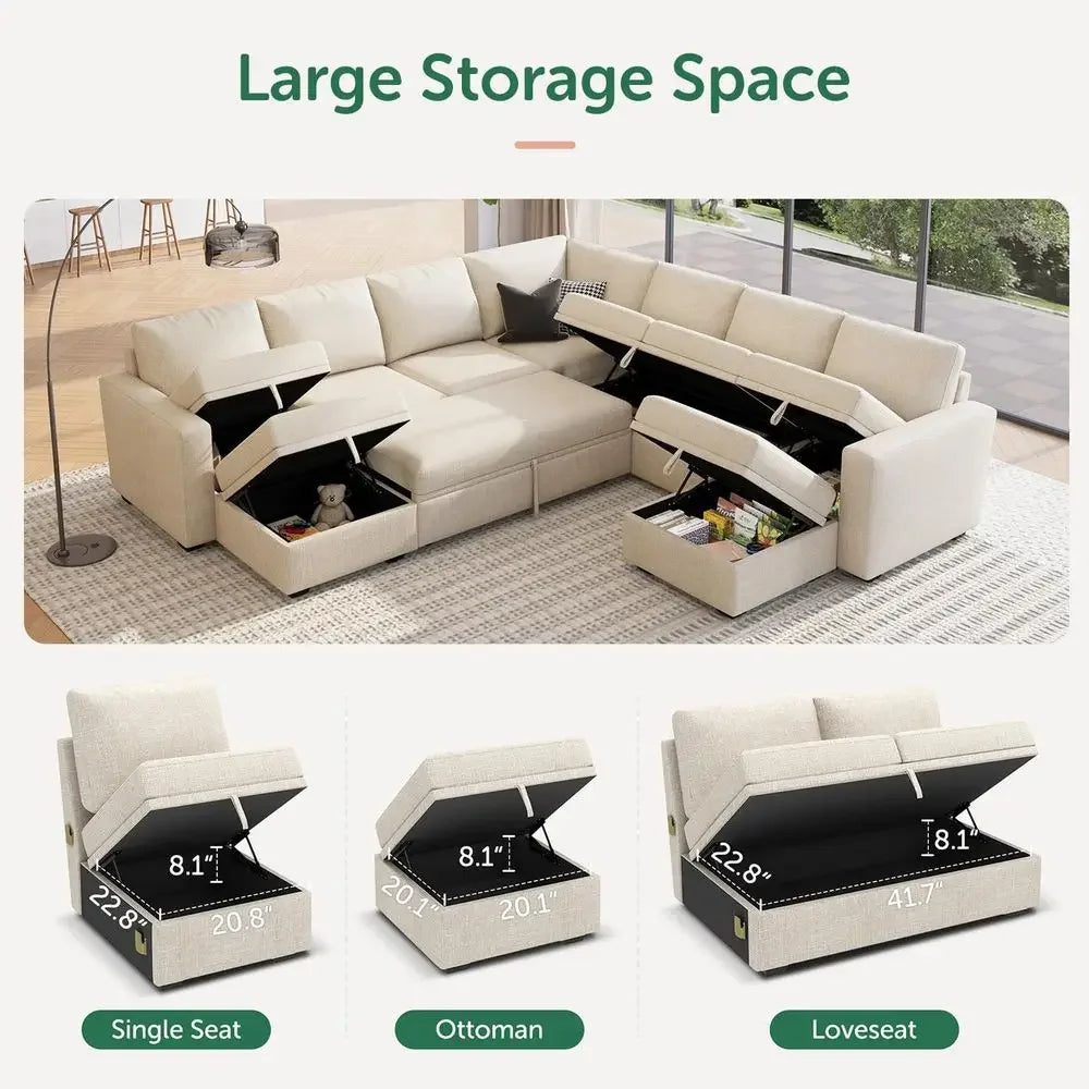 Beige Oversized Sleeper Sofa with Pull-Out Couch and Storage Sectional