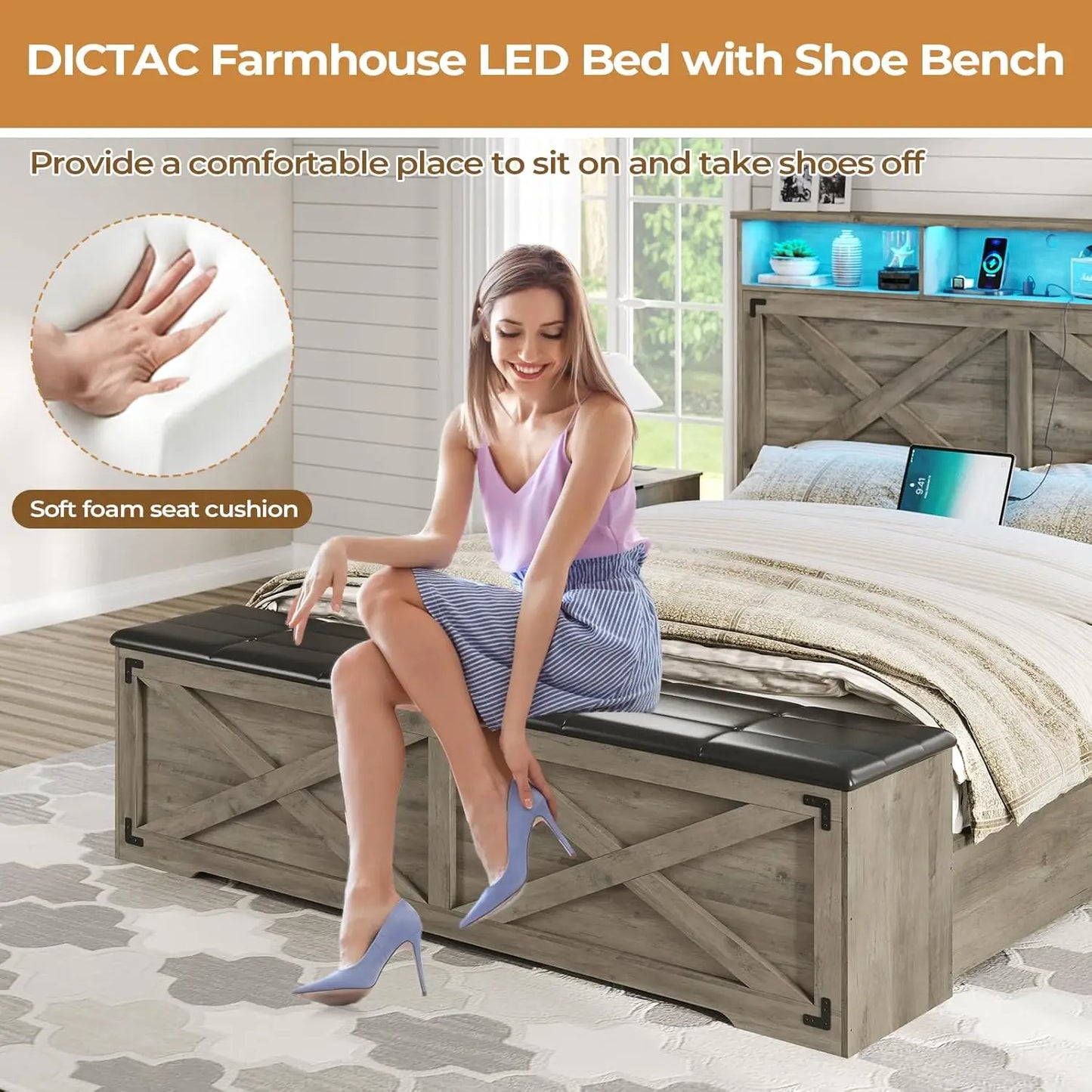 Farmhouse Queen Bed Frame with Storage Headboard and Charging Station Wood Platform Bed Frame Queen Size with, Customized